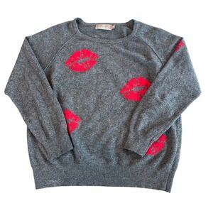 Brodie Cashmere Grey Red Lips Intarsia Crewneck Sweater Womens Small Pullover